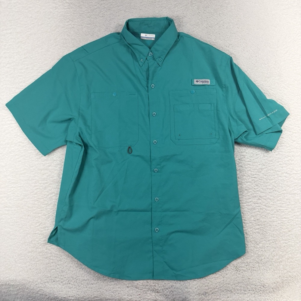 Columbia PFG Medium Shirt Men Fishing Green Short Sleeve Omni-Shade Vented
